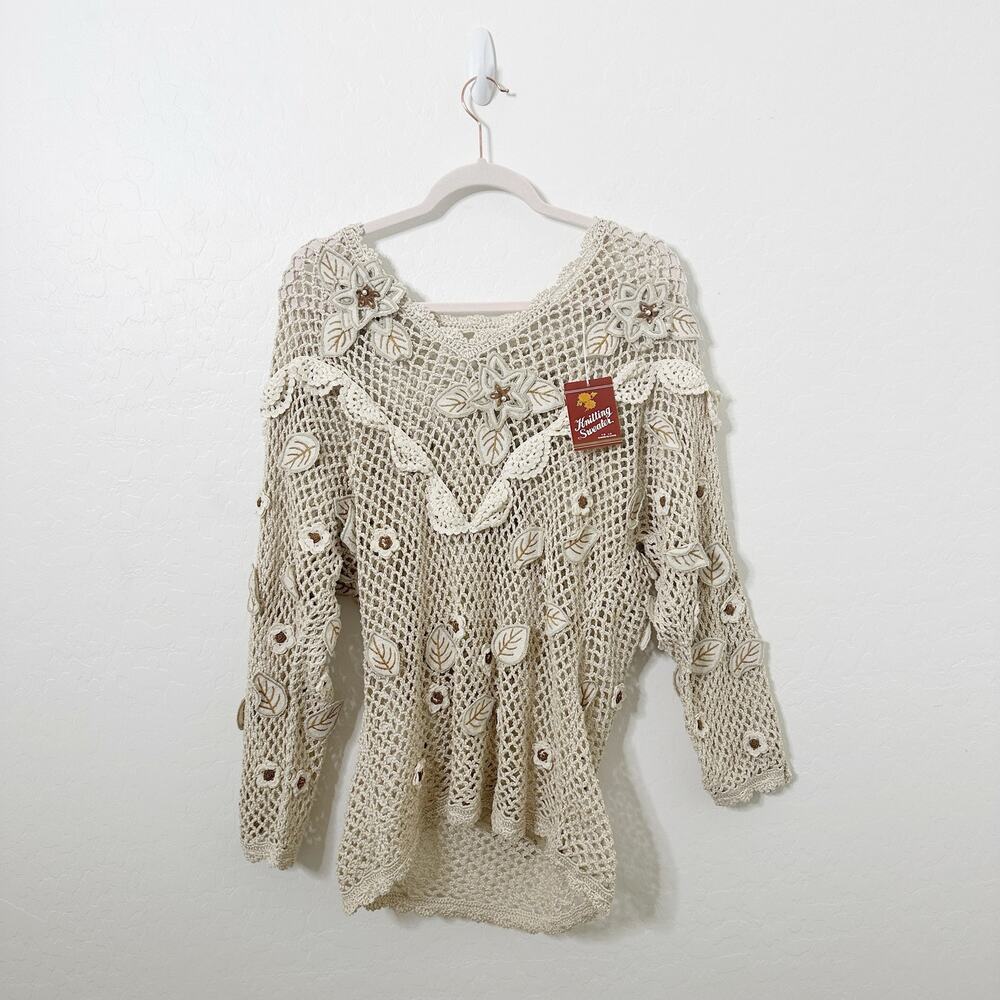 Lim's Vintage Hand Crocheted Pullover Sweater Tan Floral Applique Beaded
